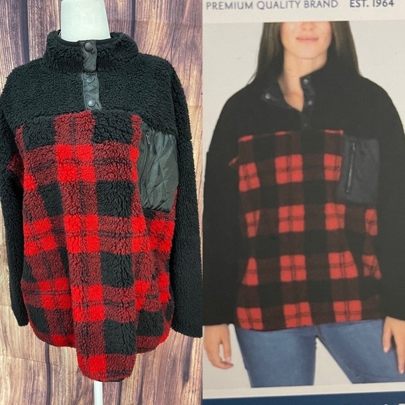 Seven7 Tops - Seven7 red plaid Sherpa snap pullover top jacket women’s size M